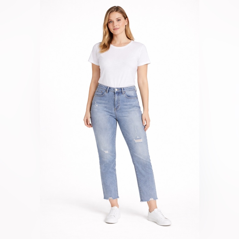 LOFT High Waist‎ Straight Crop Raw Hem Distressed Jeans Light Wash Size 29/8